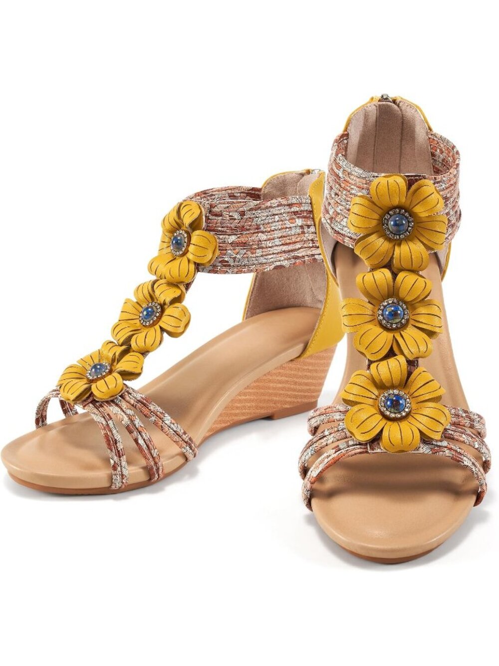 Women Yellow Floral Low Heel Open Toe Zipper Gladiator Ankle Strap Wedge Sandals